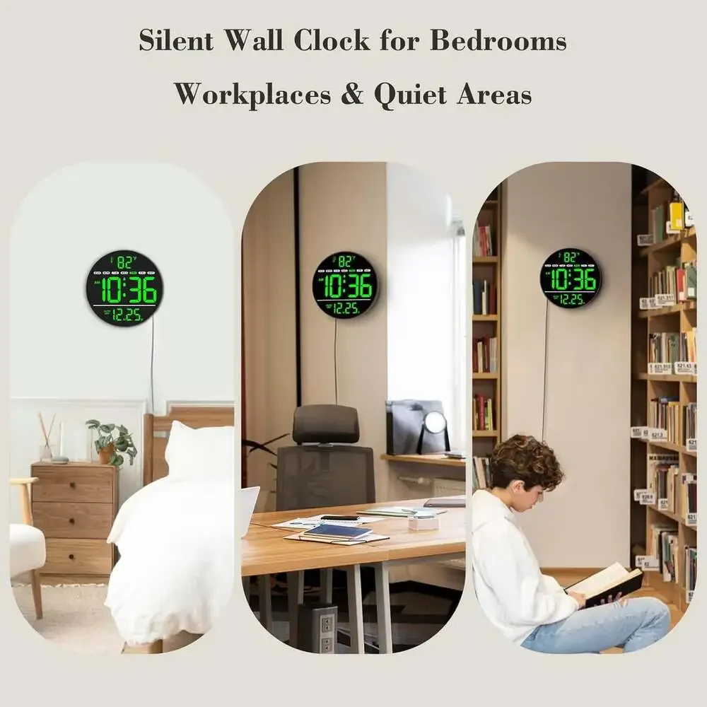Digital Wall Clock with LED Display, Temperature, Auto Daylight Saving, Date